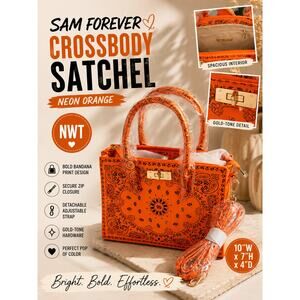 SAM FOREVER Neon Orange Bandana Print Crossbody Satchel Handbag Purse NWT